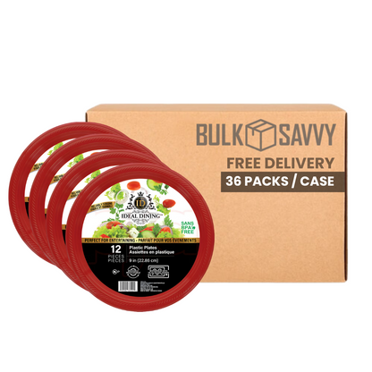 Bulk Order: 432 COUNT,  Ideal Dining Plastic Plate Red, 9 inches (36 packs of 12 plates per case)