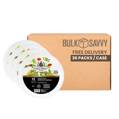 Bulk Order: 432 COUNT, Ideal Dining Plastic Plate White, 9 inches -  (36 packs of 12 plates per case)