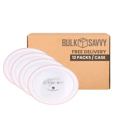 Bulk Order: 120 COUNT, Elegance Bowls, White with 2-Line Stamp Rose Gold, 5oz (12 packs of 10 bowls  per case)