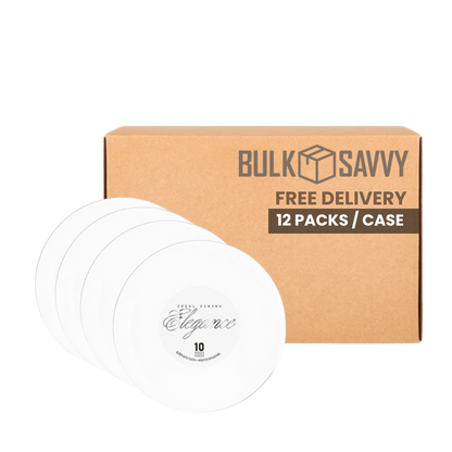 Bulk Order: 120 COUNT, Elegance Plate, 6.3 inches, White with Rim Stamp Silver - (12 packs of 10 Plates per case)