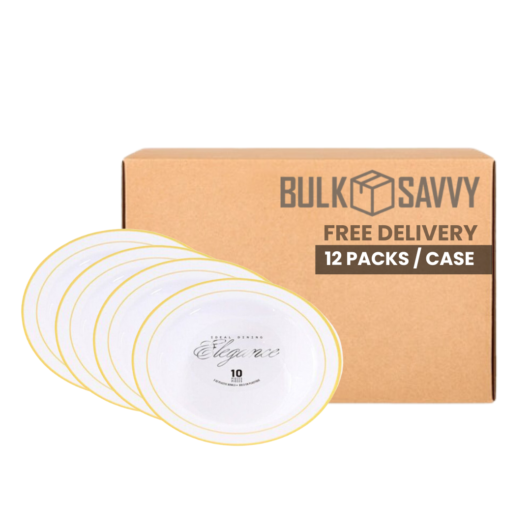 Bulk Order: 144 COUNT, Elegance Bowl, White with Gold 2-Line Stamp, 12oz (12 packs of 10 bowls per case)