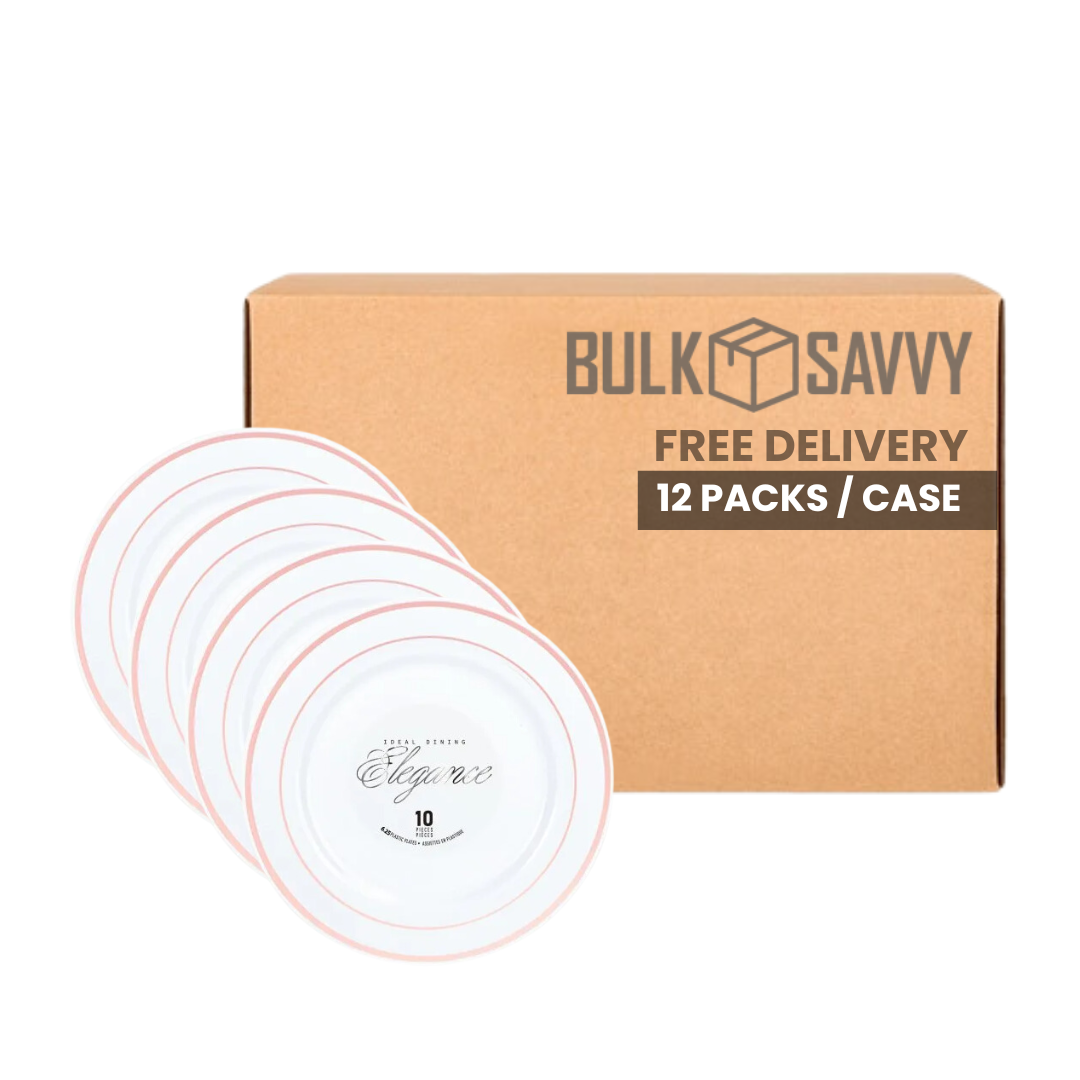 Bulk Order: 120 COUNT, Elegance Plate, 7.5 inches, White with 2 Line Stamp Rose Gold - (12 packs of 10 plates per case)