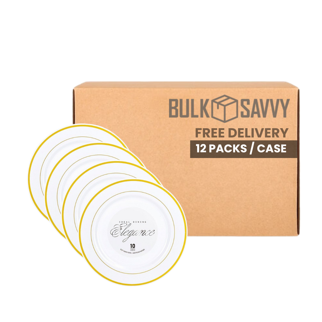 Bulk Order: 120 COUNT, Elegance Plates, 10.25 inches, White with Gold 2-Line Stamp - (12 packs of 10 plates per case)