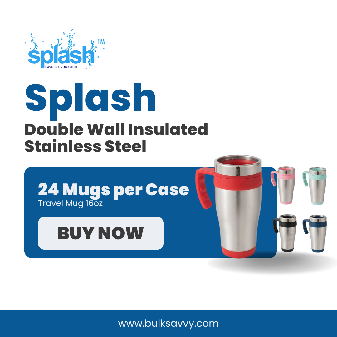 Bulk Order: Splash Double Wall Insulated Stainless Steel Travel Mug, 16oz - (24 Mugs per case)