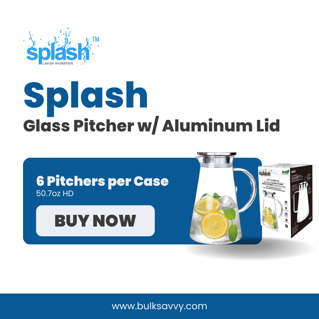 Bulk Order: Splash Clear Glass Pitcher with Aluminum Lid ,50.7oz - (6 pitchers per case)