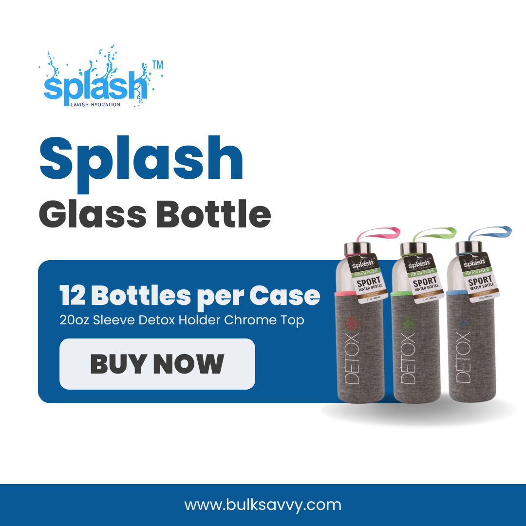 Bulk Order: Splash Glass Bottle, Sleeve Detox Holder, Chrome Top, 20oz - (12 Bottles per case)