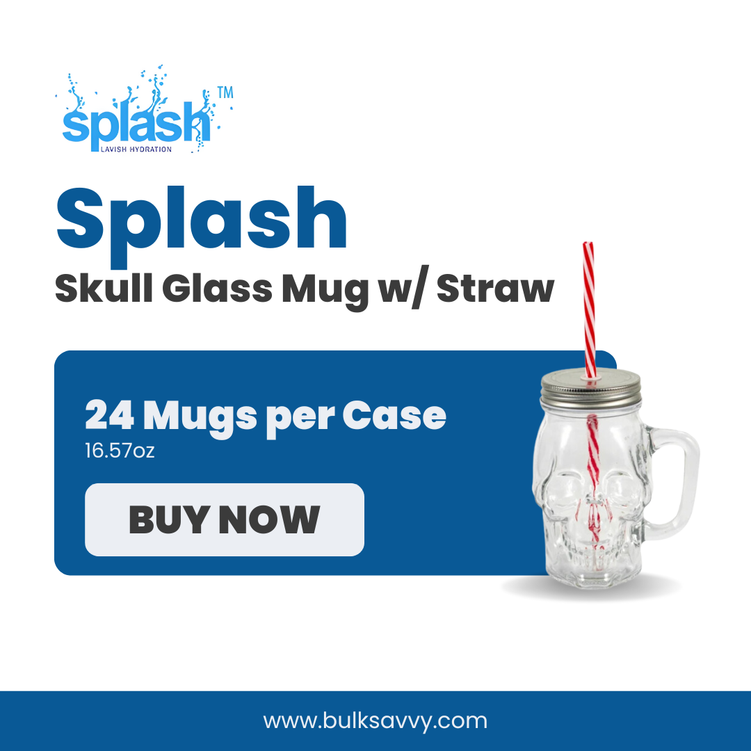 Bulk Order: Splash Skull Glass Mug with Straw, 16.57oz - (24 Mugs per case)