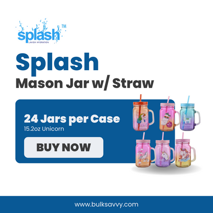 Bulk Order: Splash Unicorn Mason Jar with Straw, 15.2oz - (24 Jars per case)