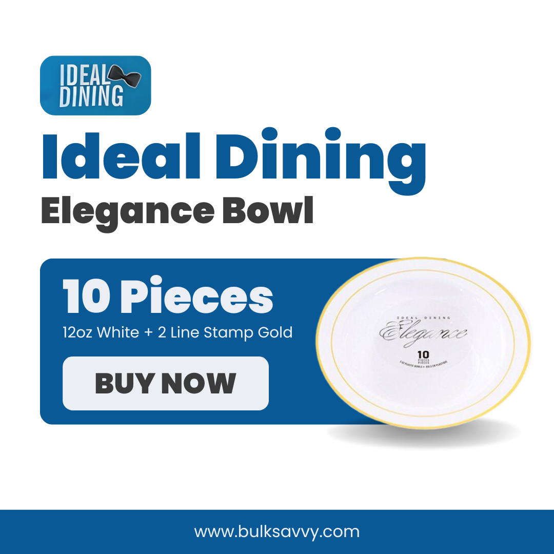 Bulk Order: 144 COUNT, Elegance Bowl, White with Gold 2-Line Stamp, 12oz (12 packs of 10 bowls per case)