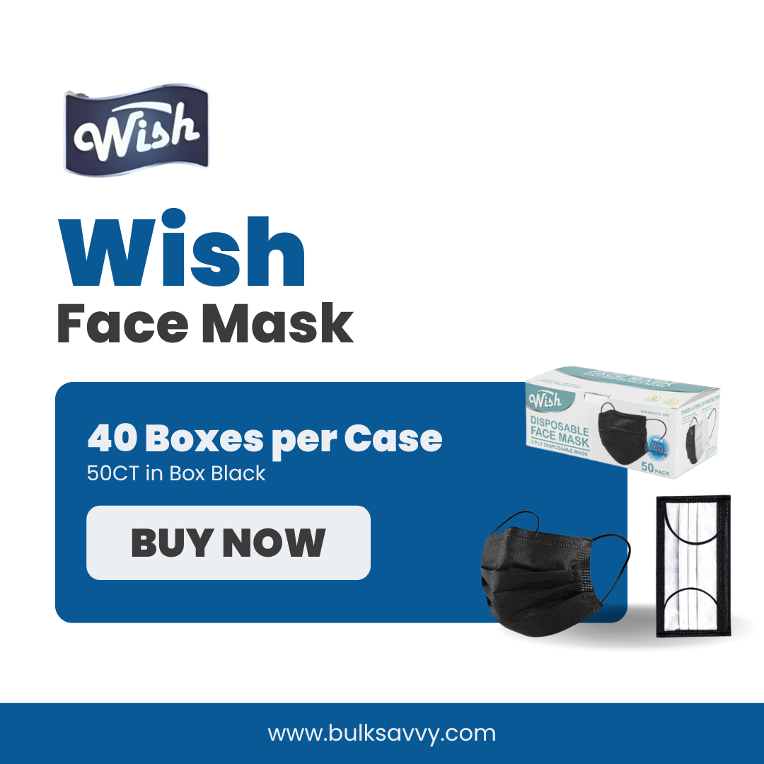 Bulk Order: 2,000 COUNT, Wish Face Mask in Box Black - (40 Boxes of 50 mask per Case)